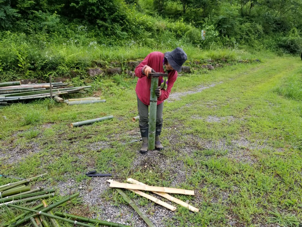鋳物製の竹割り器を使って竹を細く分割している写真